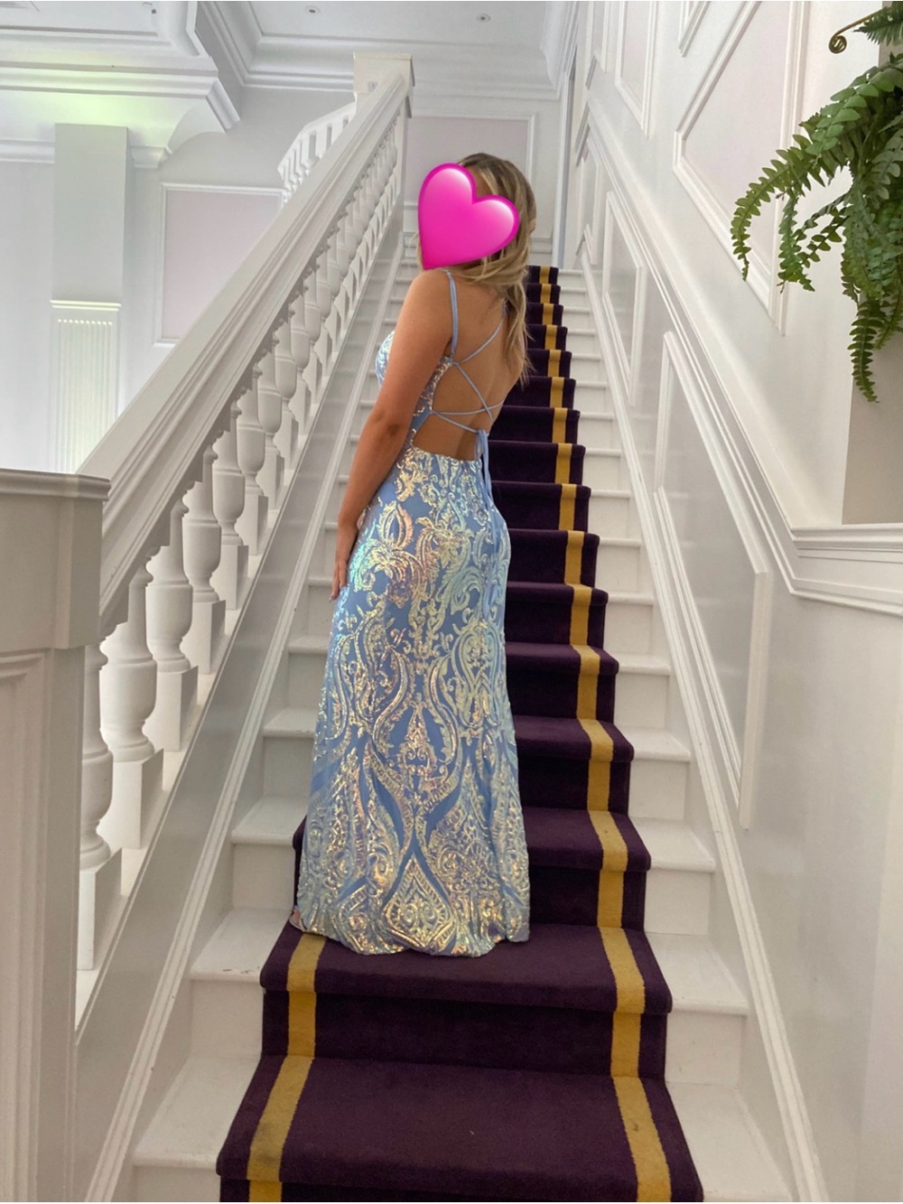 Windsor Light Blue Sequin Backless Prom Gown